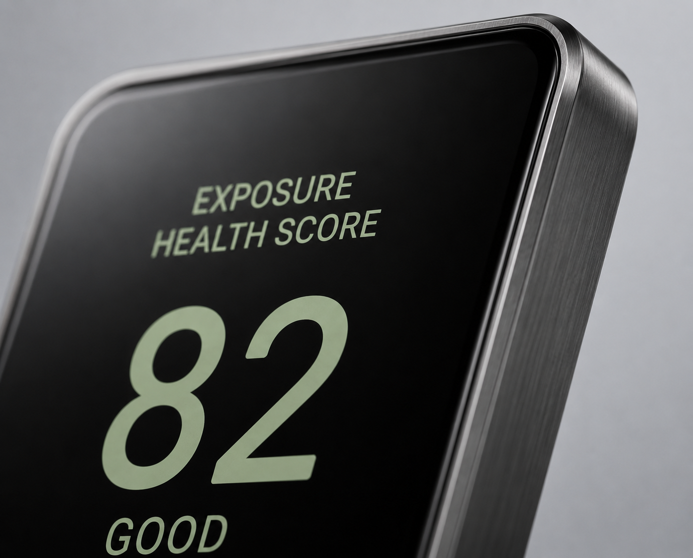 Close detail of the Exposure Health Score device bezel and screen