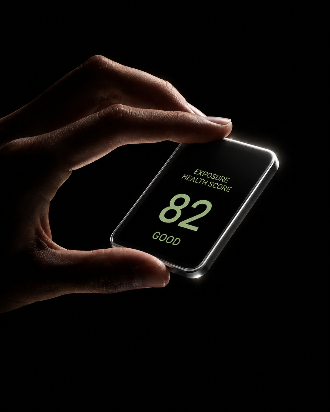 A hand holding the Exposure Health Score device, screen glowing